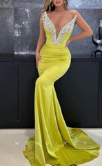 L1770 - Sexy Satin Fitted Glitter V-Neck Sleeveless Empire Ruched With Train Party Prom Evening Dress