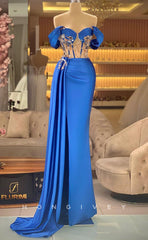 L1775 - Sexy Satin Fitted Glitter Illusion Off-Shoulder Beaded Appliques Empire Ruched Party Prom Evening Dress