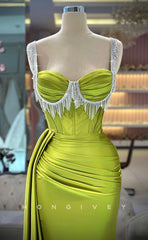 L1777 - Sexy Satin Fitted Glitter Sweetheart Spaghetti Straps Empire Ruched Beaded Fringe Party Prom Evening Dress