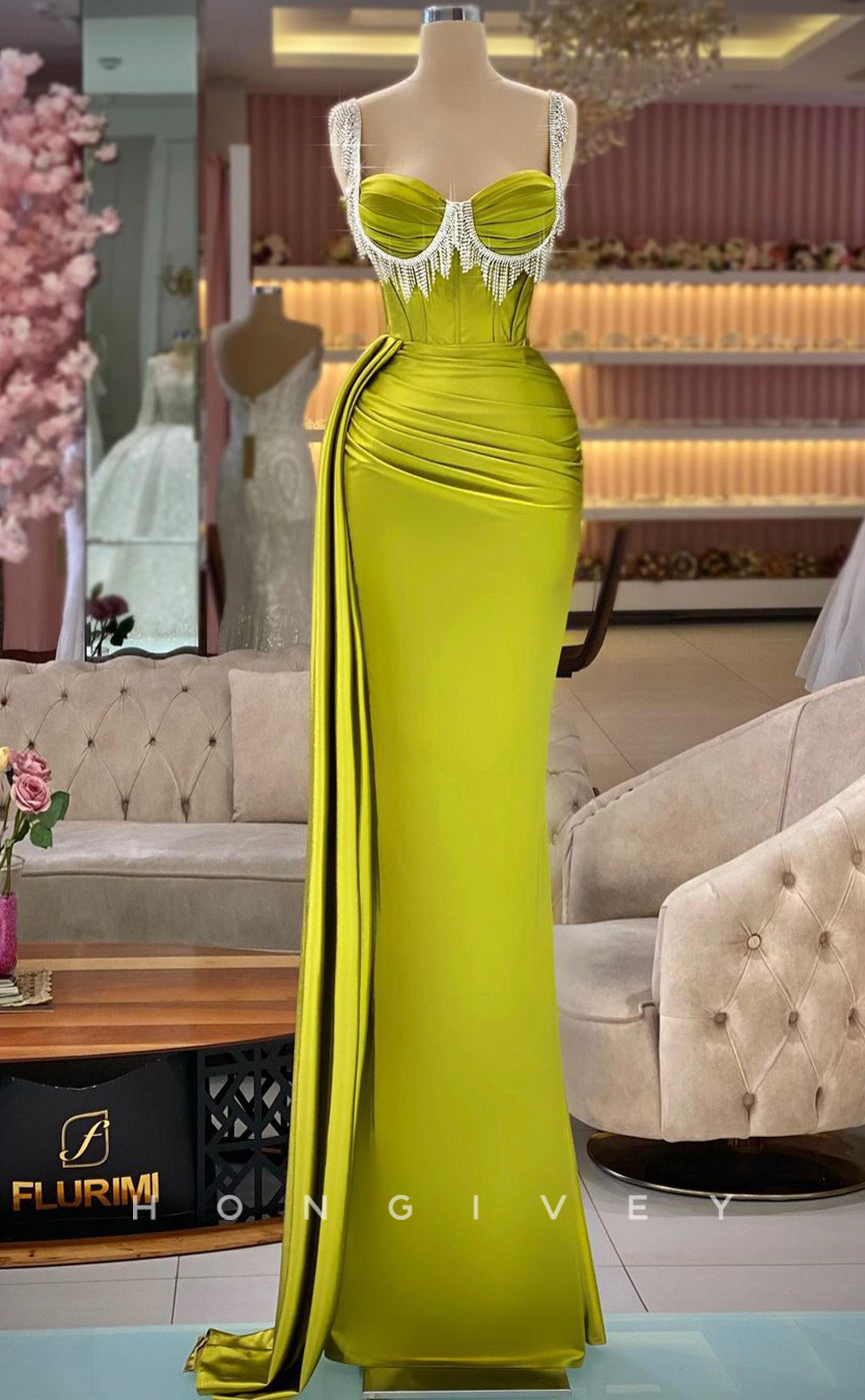 L1777 - Sexy Satin Fitted Glitter Sweetheart Spaghetti Straps Empire Ruched Beaded Fringe Party Prom Evening Dress