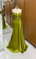 L1791 - Sexy Satin Off-Shoulder Empire Ruched Beaded With Train Party Prom Evening Dress