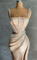 L1814 - Sexy Satin Fitted Square Spaghetti Straps Empire Ruched Beaded Party Prom Evening Dress