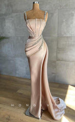 L1814 - Sexy Satin Fitted Square Spaghetti Straps Empire Ruched Beaded Party Prom Evening Dress