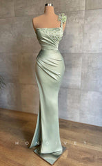 L1815 - Sexy Satin Fitted One Shoulder Empire Ruched Beaded Floor-Length Party Prom Evening Dress