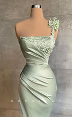 L1815 - Sexy Satin Fitted One Shoulder Empire Ruched Beaded Floor-Length Party Prom Evening Dress