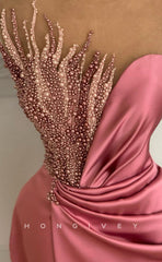 L1817 - Sexy Satin Fitted Asymmetrical Sleeveless Empire Beaded Ruched Party Prom Evening Dress