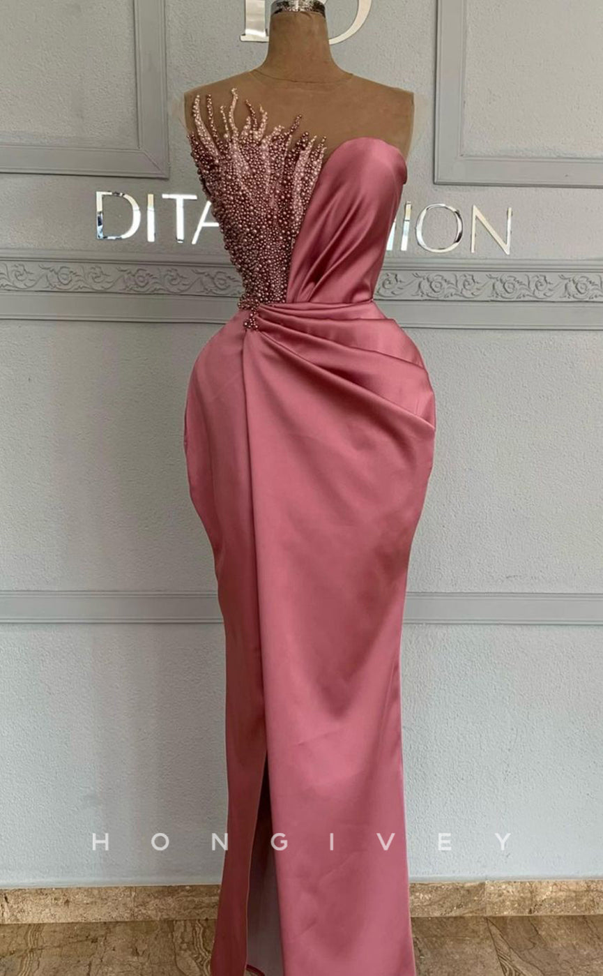 L1817 - Sexy Satin Fitted Asymmetrical Sleeveless Empire Beaded Ruched Party Prom Evening Dress