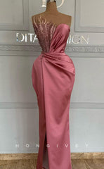 L1817 - Sexy Satin Fitted Asymmetrical Sleeveless Empire Beaded Ruched Party Prom Evening Dress