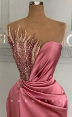 L1817 - Sexy Satin Fitted Asymmetrical Sleeveless Empire Beaded Ruched Party Prom Evening Dress