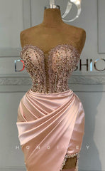 L1819 - Sexy Satin Fitted Glitter Sweetheart Strapless Sleeveless Empire Draped Beaded Party Prom Evening Dress