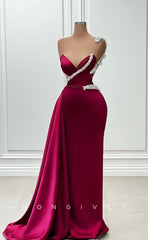 L1852 - Sexy Satin Fitted Sweetheart Strapless Sleeveless Empire Beaded With Train Party Prom Evening Dress