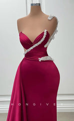 L1852 - Sexy Satin Fitted Sweetheart Strapless Sleeveless Empire Beaded With Train Party Prom Evening Dress