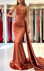 L1878 - Sexy Satin Trumpt One Shoulder Empire Pleats With Train Party Prom Evening Dress