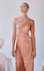 L0904 - Asymmetrical Lace Open Back Tulle Gown High Slit Gown Paneled Gown Party Dress