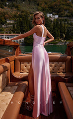 L0905 - Sexy  Detachable Rhinestone  Criss-Cross Straps High Slit Gown Satin Straps V-Neck Prom Dress