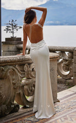L0907 - Elegant & Luxurious Detachable Pearls Satin Court Train Spaghetti Straps Prom Dress