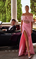 L0909 - Pink Feathers High Slit Gown  Open Back Off-Shoulder Prom Evening  Dress