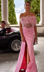 L0909 - Pink Feathers High Slit Gown  Open Back Off-Shoulder Prom Evening  Dress