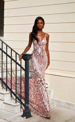 L0913 - Glamorous  Backless  With Sweep Train Glitter V-Neck Spaghetti Straps Trumpet Printed Prom  Evening Dress