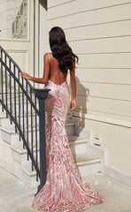 L0913 - Glamorous  Backless  With Sweep Train Glitter V-Neck Spaghetti Straps Trumpet Printed Prom  Evening Dress