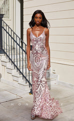 L0913 - Glamorous  Backless  With Sweep Train Glitter V-Neck Spaghetti Straps Trumpet Printed Prom  Evening Dress