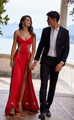 L0915 -  Rhinestone Straps High Slit Gown Open Back V-Neck Illusion Evening Prom Dress