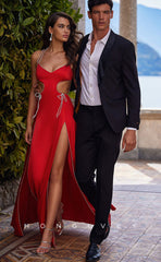 L0915 -  Rhinestone Straps High Slit Gown Open Back V-Neck Illusion Evening Prom Dress