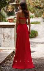L0915 -  Rhinestone Straps High Slit Gown Open Back V-Neck Illusion Evening Prom Dress