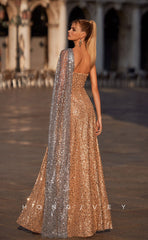 L0919 - Sequins Glitter Asymmetrical Backless With High Slit And Tulle Train Paneled Evening Prom Party Dress