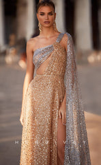 L0919 - Sequins Glitter Asymmetrical Backless With High Slit And Tulle Train Paneled Evening Prom Party Dress
