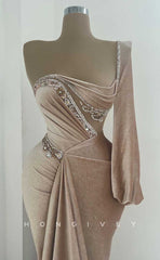 L1977 - Sexy Satin Trumpt One Shoulder Long Sleeve Empire Beaded Ruched Party Prom Evening Dress
