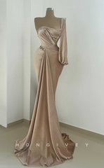 L1977 - Sexy Satin Trumpt One Shoulder Long Sleeve Empire Beaded Ruched Party Prom Evening Dress