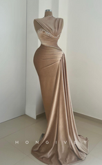 L1978 - Sexy Satin Trumpt High Neck Sleeveless Empire Ruched With Train Party Prom Evening Dress