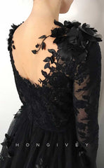 L2009 - Sexy A-Line Scoop Empire Lace Long Sleeve Beaded Floral Appliques Party Prom Evening Dress