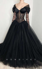 L2010 - Sexy Tulle A-Line Off-Shoulder Lace Long Sleeve Illusion With Train Party Prom Evening Dress