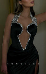 L2031 - Sexy Satin Fitted Halter Illusion Empire Beaded With Side Slit Train Party Prom Evening Dress