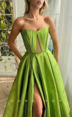 L2039 - Sexy Satin A-Line Sweetheart Strapless Empire With Side Slit Train Party Prom Evening Dress