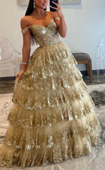 L2085 - Sexy Tulle A-Line Off-Shoulder Empire Tiered Sequined Appliques Party Prom Evening Dress