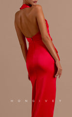 L2099 - Sexy Satin Fitted Halter Empire Ruched With Side Slit Floor-Length Party Prom Evening Dress