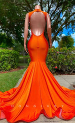 L2187 - Sexy Satin Trumpet Round Sleeveless Empire Beaded With Train Party Prom Evening Dress For Black Girl