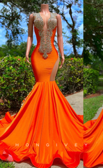 L2187 - Sexy Satin Trumpet Round Sleeveless Empire Beaded With Train Party Prom Evening Dress For Black Girl