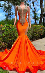 L2187 - Sexy Satin Trumpet Round Sleeveless Empire Beaded With Train Party Prom Evening Dress For Black Girl