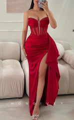 L2214 - Sexy Satin Fitted Sweetheart Strapless Empire Ruched Beaded With Side Slit Party Prom Evening Dress