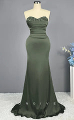 L2226 - Sexy Satin Trumpet Sweetheart Empire Strapless Beaded Ruched Party Prom Evening Dress