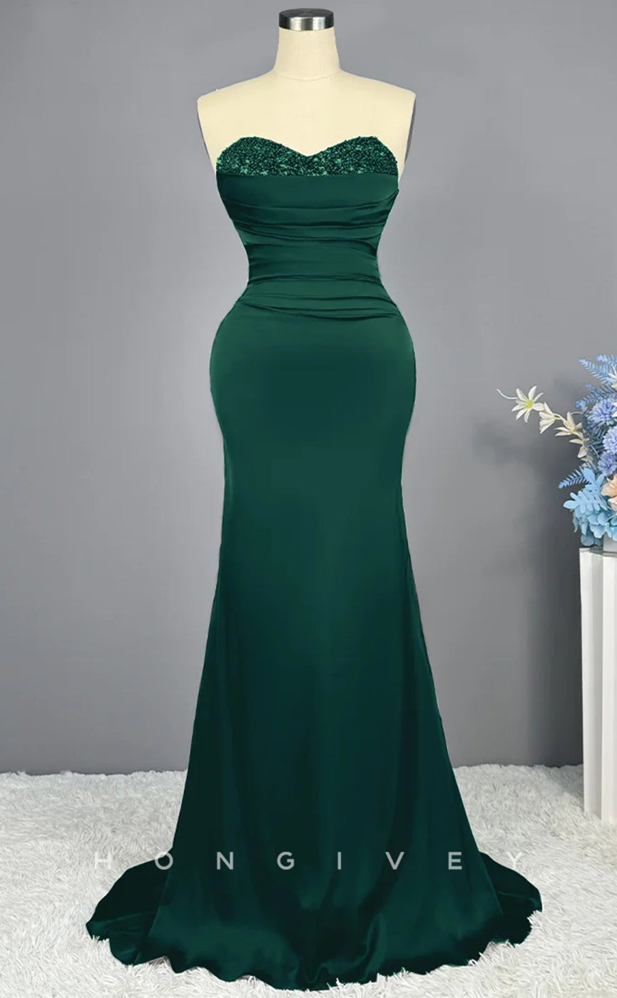 L2226 - Sexy Satin Trumpet Sweetheart Empire Strapless Beaded Ruched Party Prom Evening Dress