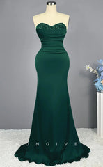 L2226 - Sexy Satin Trumpet Sweetheart Empire Strapless Beaded Ruched Party Prom Evening Dress