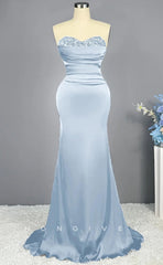 L2226 - Sexy Satin Trumpet Sweetheart Empire Strapless Beaded Ruched Party Prom Evening Dress