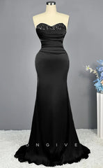 L2226 - Sexy Satin Trumpet Sweetheart Empire Strapless Beaded Ruched Party Prom Evening Dress
