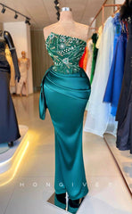 L2337 - Sexy Satin Fitted Asymmetrical Strapless Empire Beaded Appliques Ruched Party Prom Evening Dress