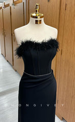L2383 - Sexy Satin Fitted Sweetheart Strapless Empire Feathers Beaded Ruched With Side Slit Party Prom Evening Dress